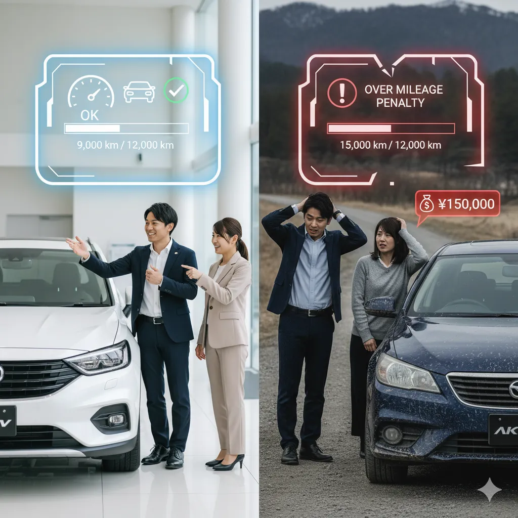 左右で対照的なシチュエーション。左側では、ディーラーで走行距離制限内に収まっていることを確認し、笑顔で満足しているカップル。右側では、走行距離制限を超過し、高額なペナルティに頭を抱える男女が壊れた車を前にしている。