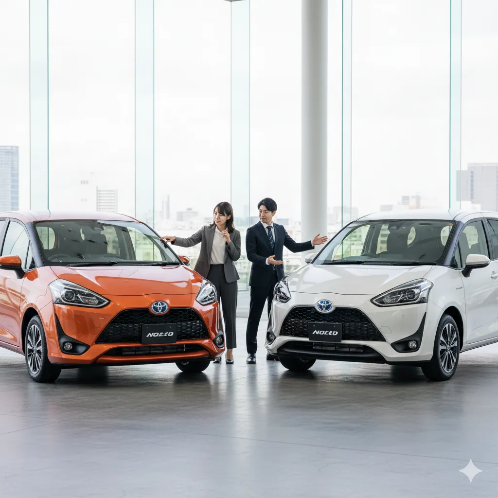 自動車ショールームで、現行モデル（3代目）と旧型モデル（2代目）のシエンタを比較検討する日本人夫婦と営業担当者。