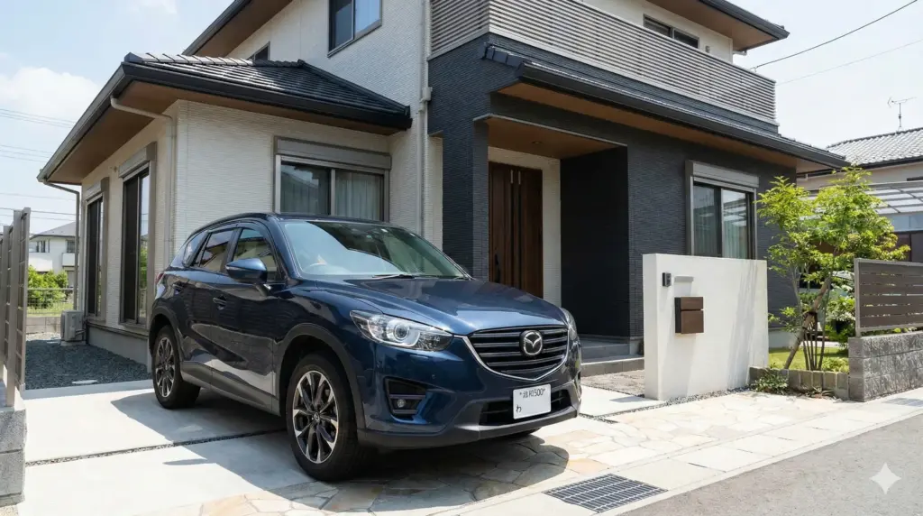 郊外のモダンな一軒家の駐車場に停められた、一般ナンバープレートを付けた紺色のスタイリッシュなSUV。