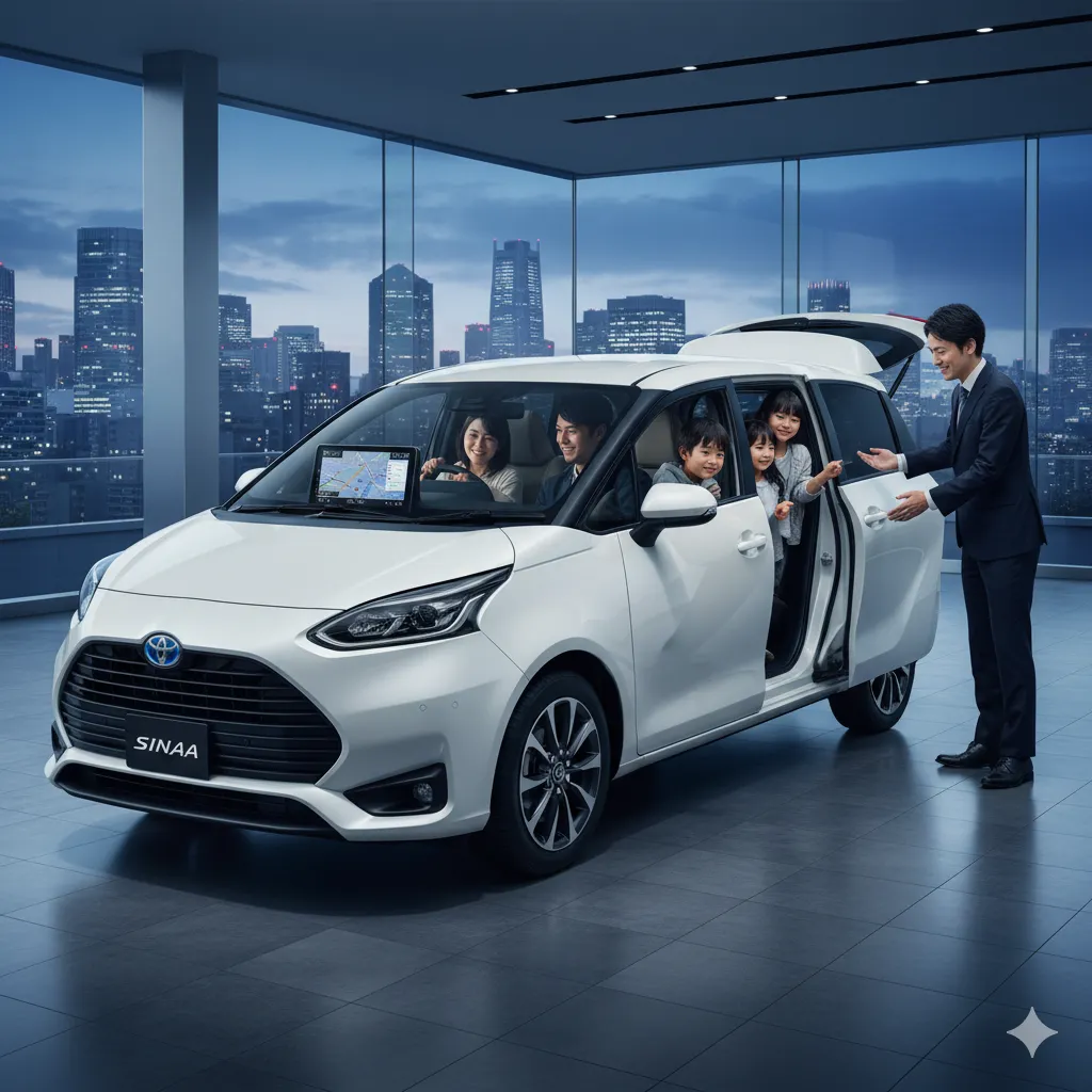 夜景が見えるガラス張りのショールームで、新車のシエンタを囲む日本人家族と説明する営業担当者。車内にはナビゲーションシステムが表示されている。