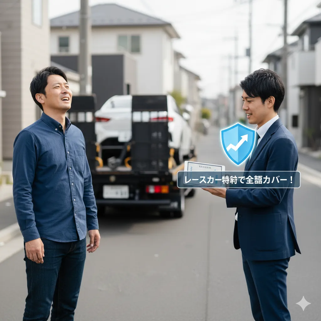 レッカー移動される車の前で、リースカー特約により安心した表情の男性と、特約のメリットを説明する営業担当者。