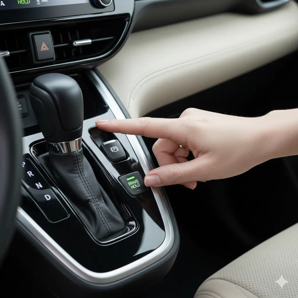 車のシフトレバー横にある電動パーキングブレーキとブレーキホールドのボタンを、若い日本人の女性が指で操作している。