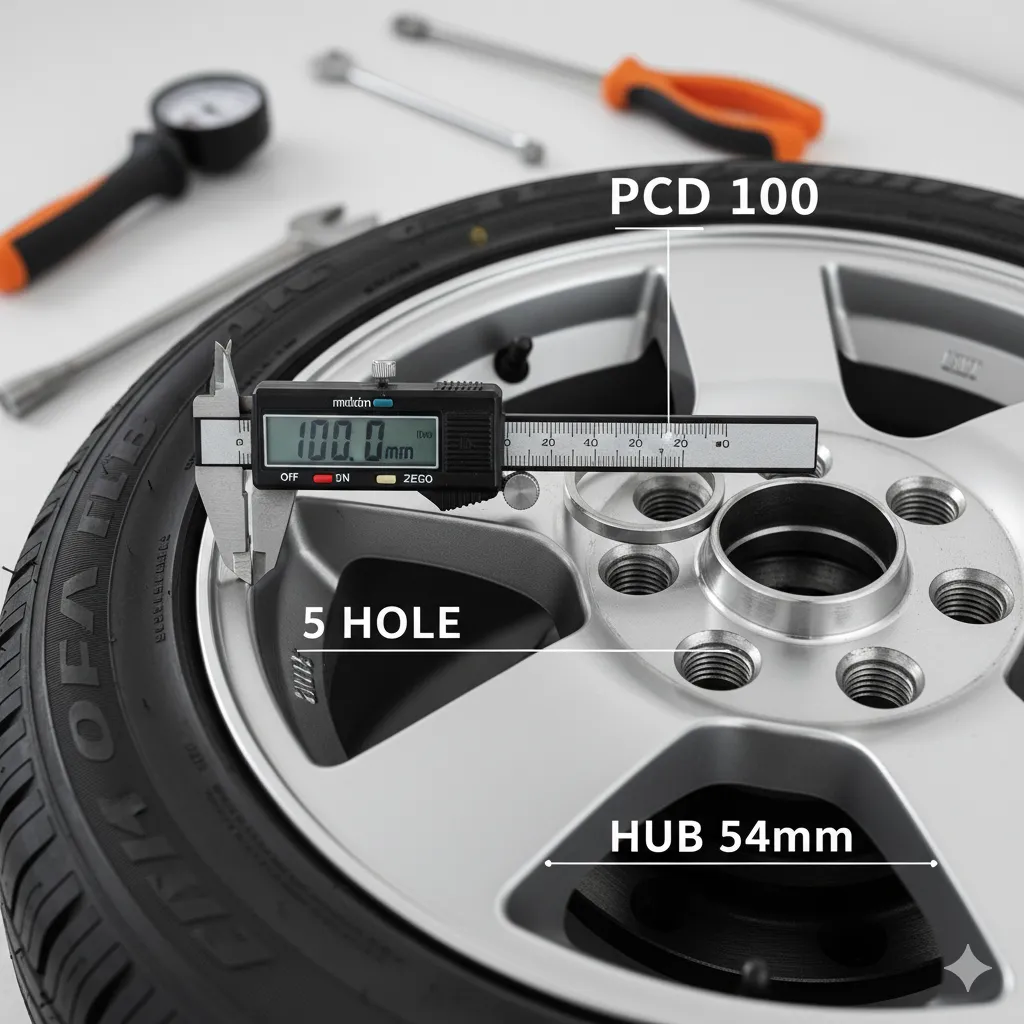 シエンタNSP170のホイールのPCD(100mm)、穴数(5穴)、ハブ径(54mm)を測定器やテキストで明示したクローズアップ画像。