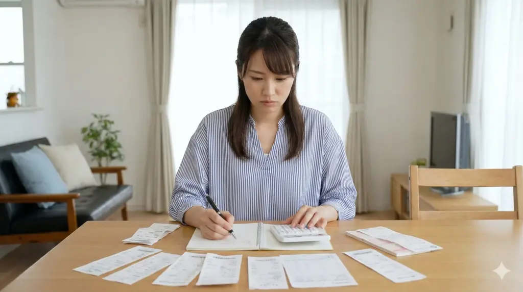 家計簿と電卓を使って返済負担比率を真剣に計算している日本人女性