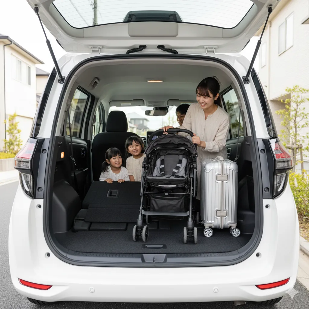 新型シエンタの荷室に日本人女性がベビーカーとスーツケースを積載しており、その横から子供2人が顔を出して笑顔を見せている。3列目シートの片側が格納されている。