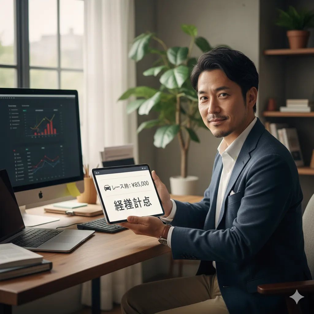 自宅の書斎でPCに向かう個人事業主の男性が、タブレットに「リース料: ¥85,000 経費計上」と表示された画面をカメラに向けている。
