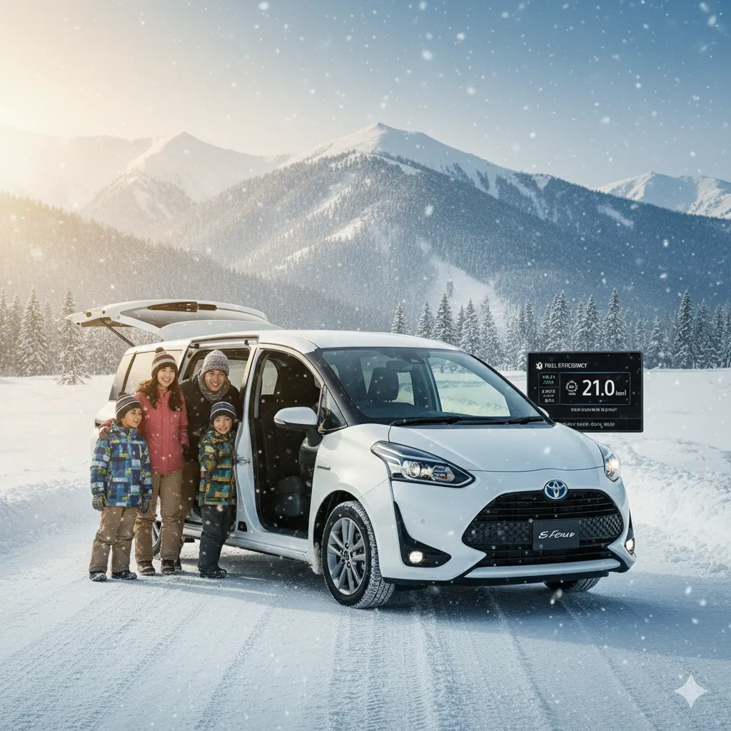 雪山の景色を背景に、冬の装いで白いトヨタ・シエンタの周りに立つ日本人家族。