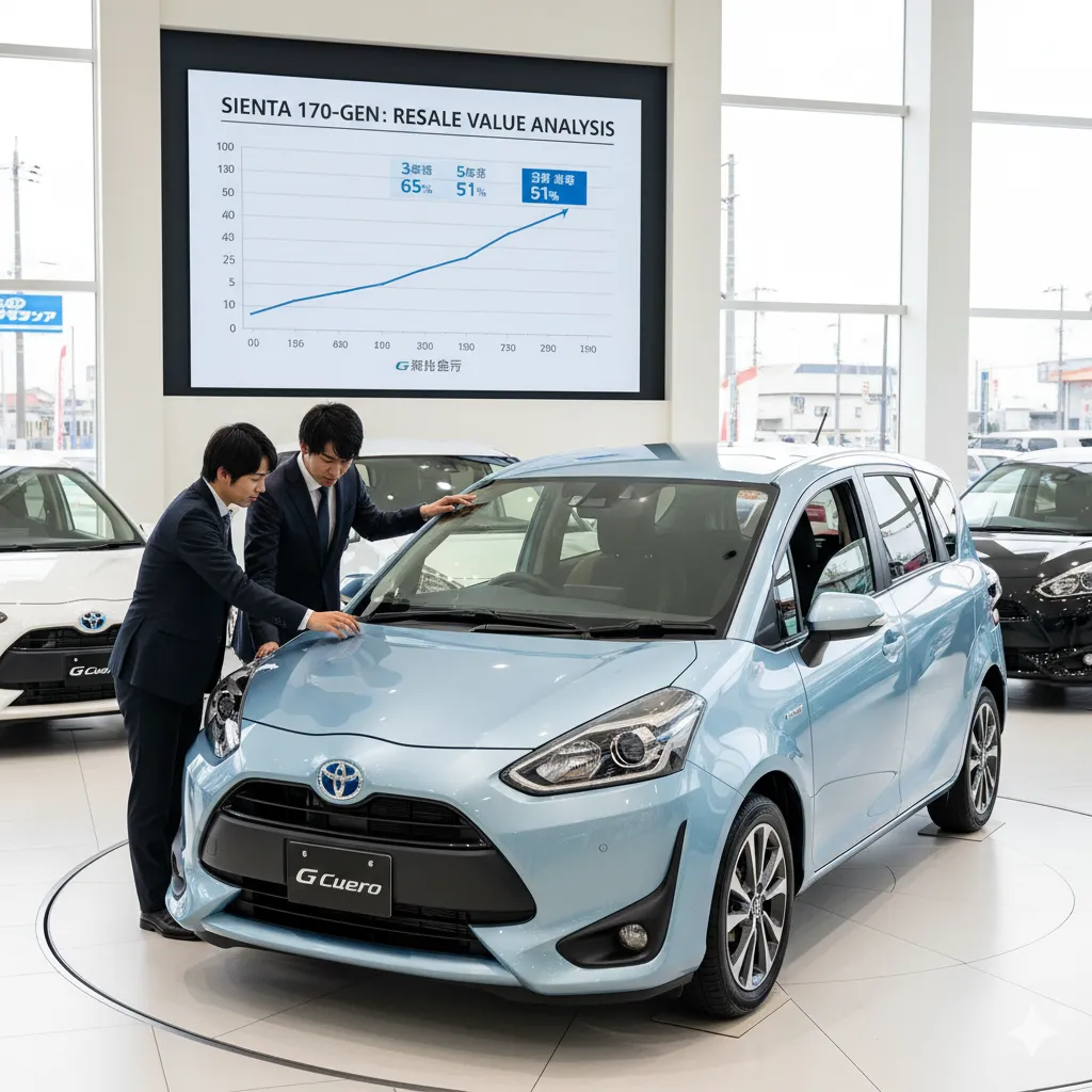 中古車販売店で、旧型トヨタ・シエンタ（170系）の「Gクエロ」が展示され、その奥のディスプレイには170系の残価率分析グラフが示されている。