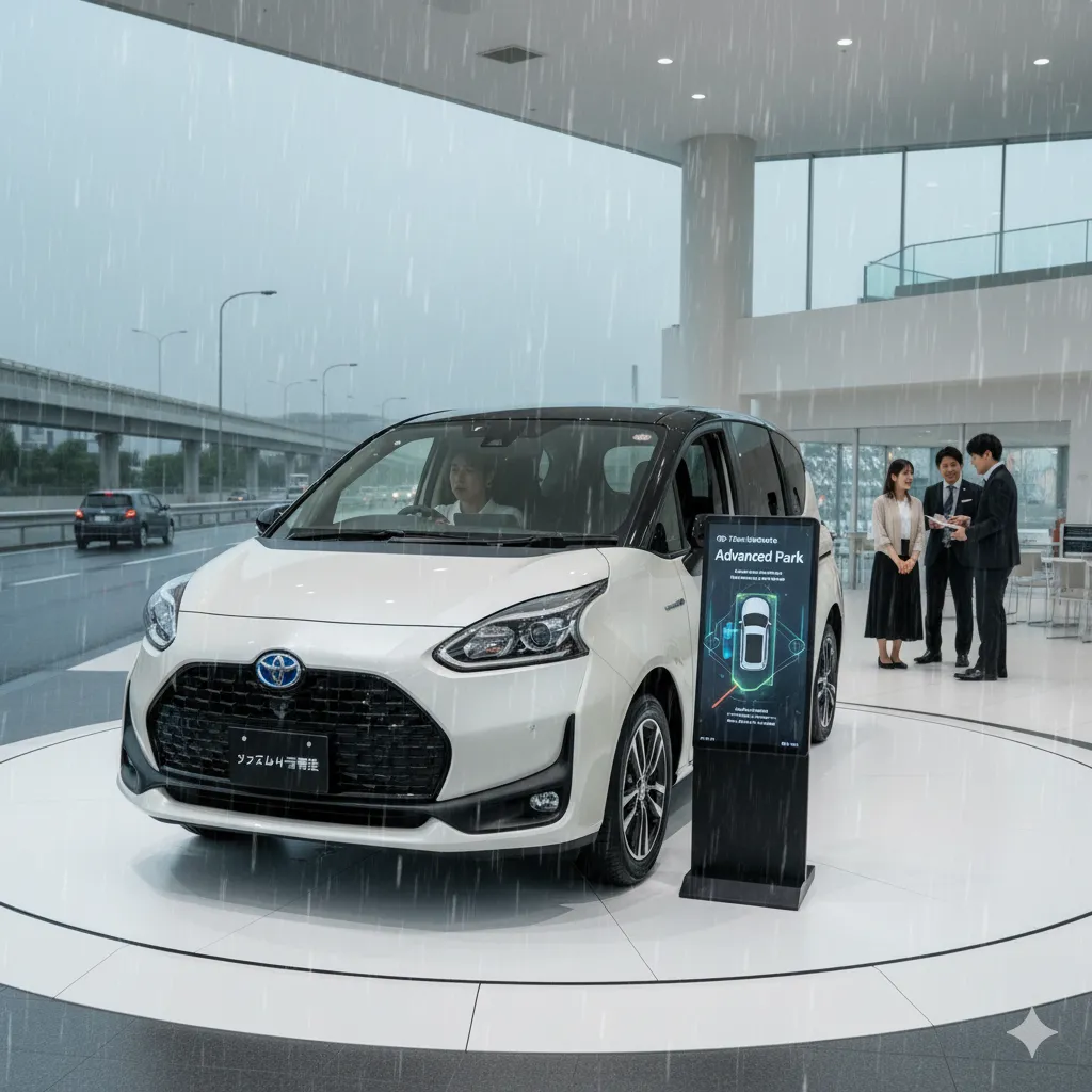 豪雨の中、高速道路を走行するシエンタの運転席からの視点。悪天候が運転支援システムの限界となりうることを示しています。