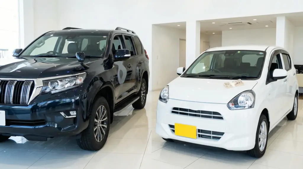 新車の大型SUVと、頭金を用意して検討するコンパクトな中古車を比較しているイメージ。