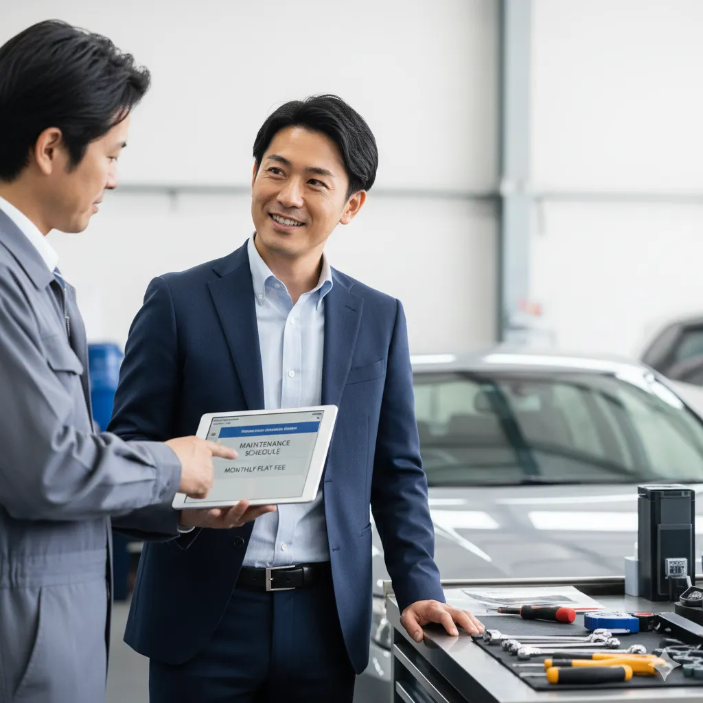整備工場で、整備士がタブレットでメンテナンススケジュールと月額定額制の説明を顧客の男性にしている。顧客は笑顔で頷いている。