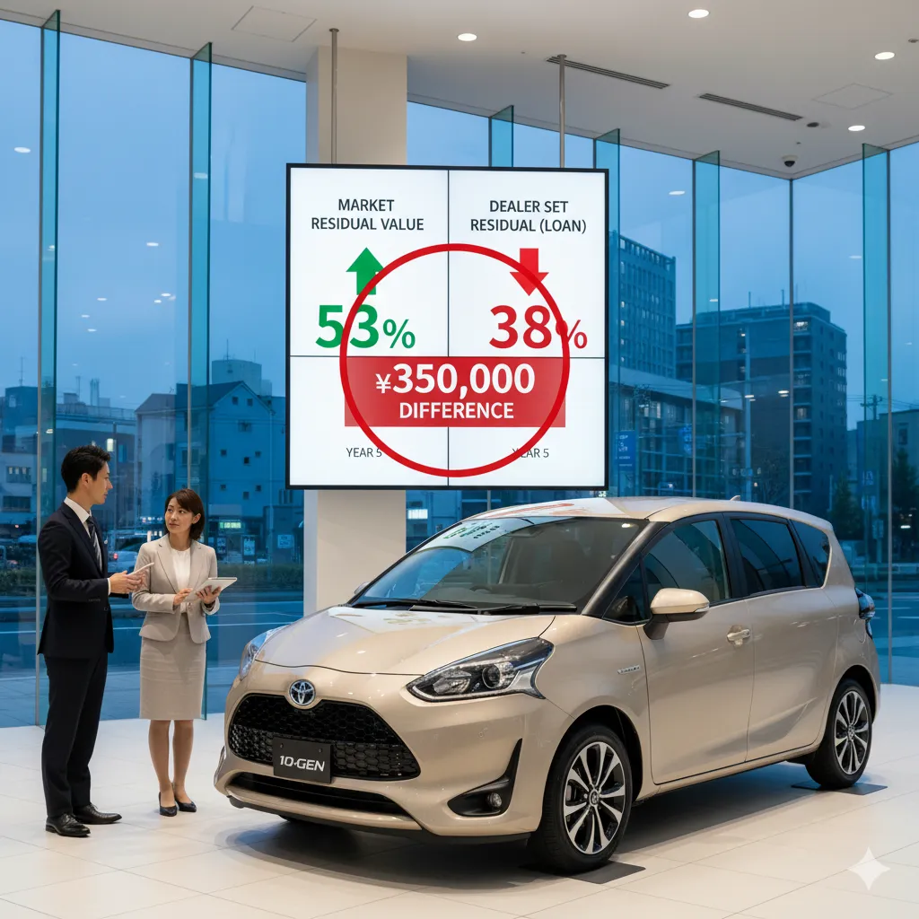 自動車ディーラーのショールームで、男性の営業担当者が女性客に新型トヨタ・シエンタの残価設定ローンについて説明している。背後のスクリーンには、市場残価率とディーラー設定残価率の比較、そしてその差額を示すグラフが表示されている。