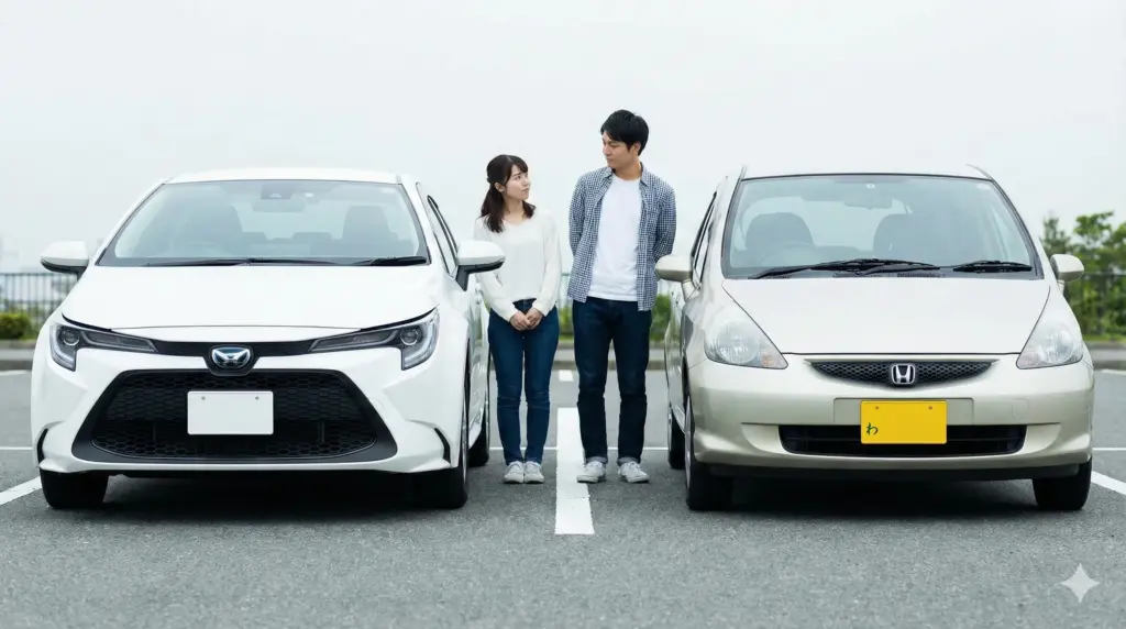 駐車場で、一般の白ナンバーが付いたカーリース車両（左）と、「わ」ナンバーが付いたレンタカー車両（右）を比較し、どちらにするか迷っている日本人カップルの様子。