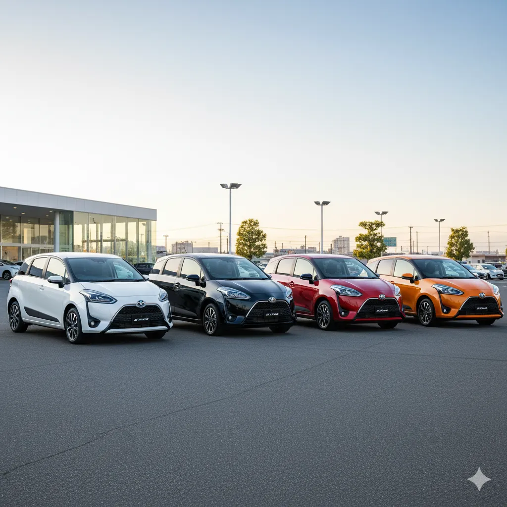 駐車場に並んだ様々なボディカラーのシエンタ。白、黒、赤、オレンジの順に並び、リセール価値の違いを示唆している。