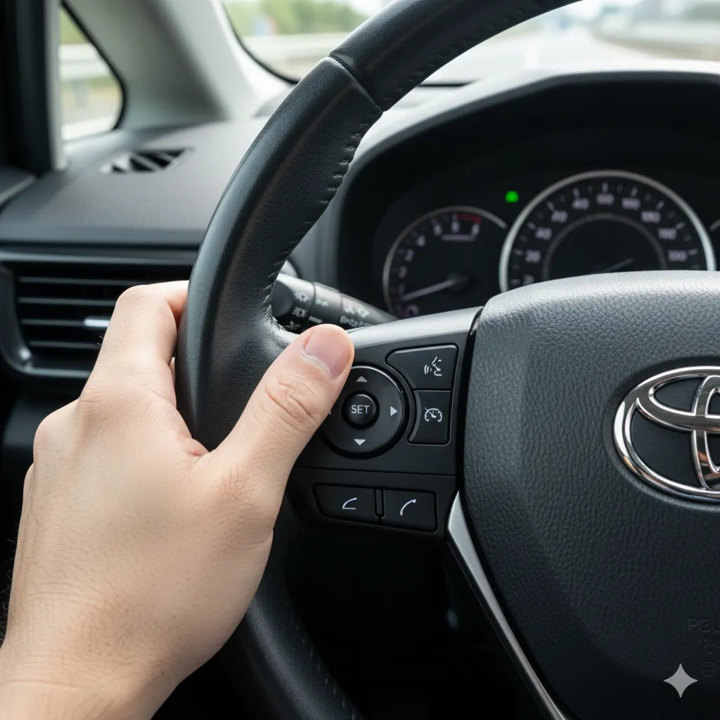 シエンタのステアリング右側にあるレーダークルーズコントロールのスイッチを操作する日本人ドライバーの手元のクローズアップ。SETボタンが強調されている。