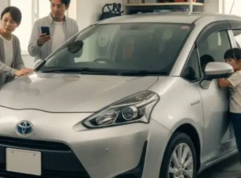 自宅ガレージで7年落ちのトヨタ・シエンタを囲み、スマートフォンで査定情報を調べる夫婦と子供たち。