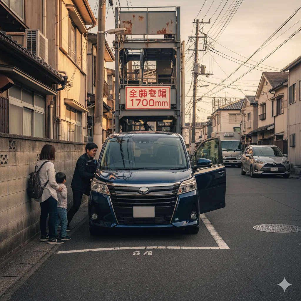 全幅1,700mm制限の機械式駐車場に入れようとするが、車体が大きくて苦労している日本人男性と、心配そうに見守る妻子の様子。