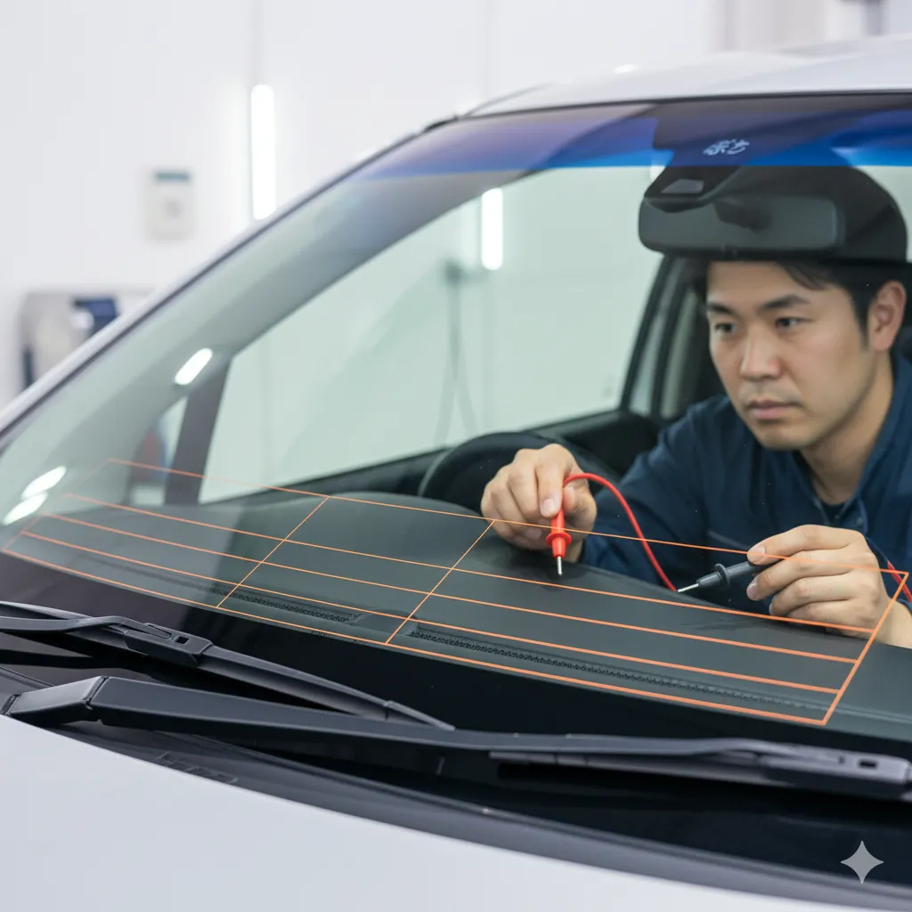 シエンタのフロントガラス下部にデアイサーの熱線をイメージしたラインがあり、整備士がテスターで点検している。