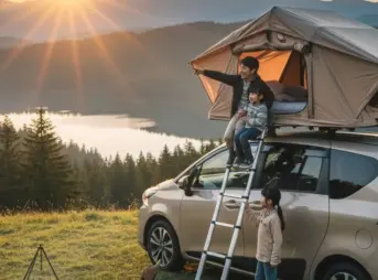 湖畔の丘の上でシエンタに設置されたルーフテントと焚き火を楽しむ日本人家族。父親と子供がルーフテントから夕日を眺め、もう一人の子供がハシゴの傍に立っている。