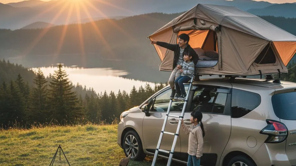 湖畔の丘の上でシエンタに設置されたルーフテントと焚き火を楽しむ日本人家族。父親と子供がルーフテントから夕日を眺め、もう一人の子供がハシゴの傍に立っている。
