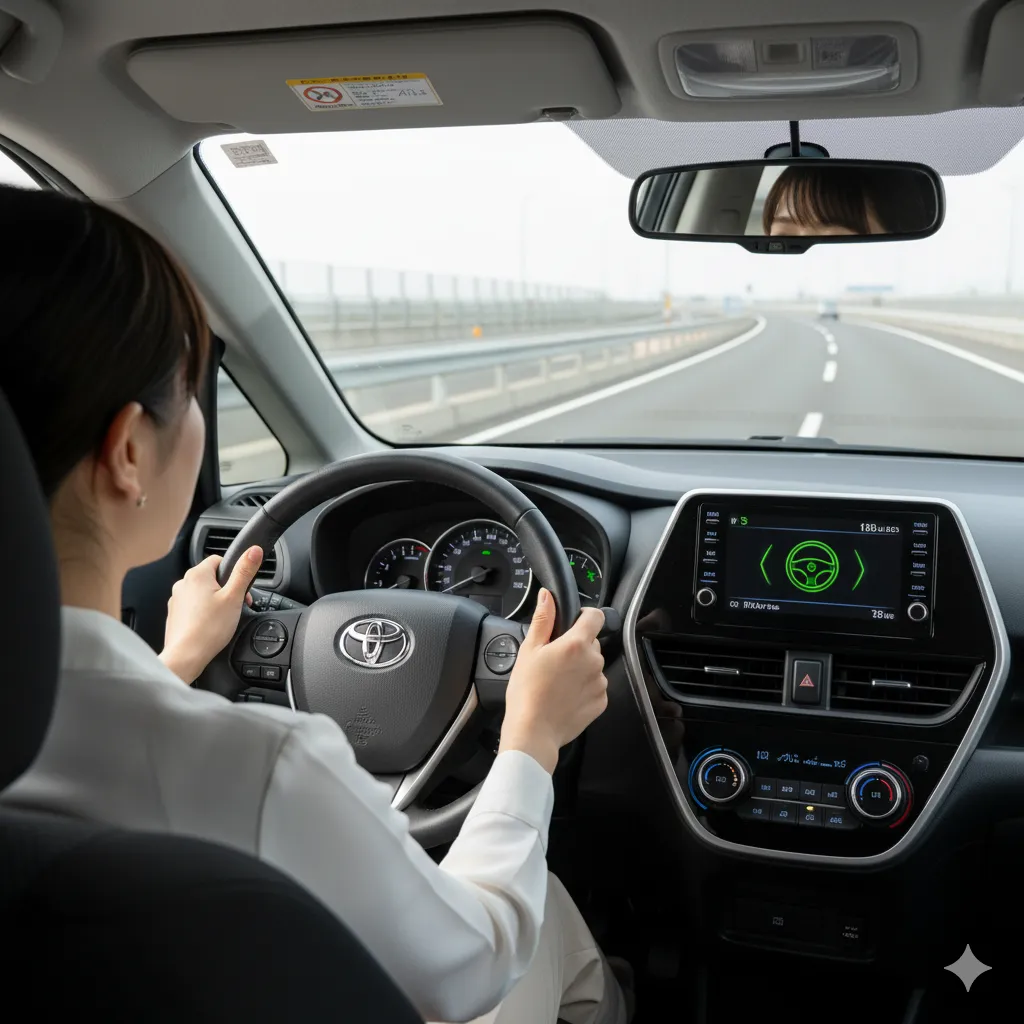 日本人女性ドライバーがシエンタを運転し、レーダークルーズコントロールとレーントレーシングアシストが連携して高速道路を走行している車内からの眺め。