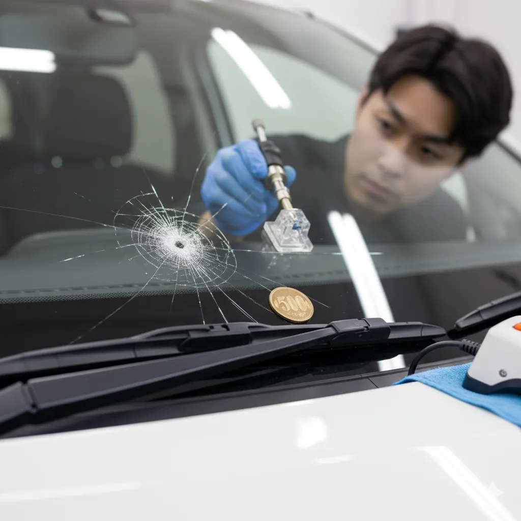 自動車のフロントガラスにできた飛び石によるひび割れと、その横に置かれた500円玉。修理業者がリペア作業をしている。