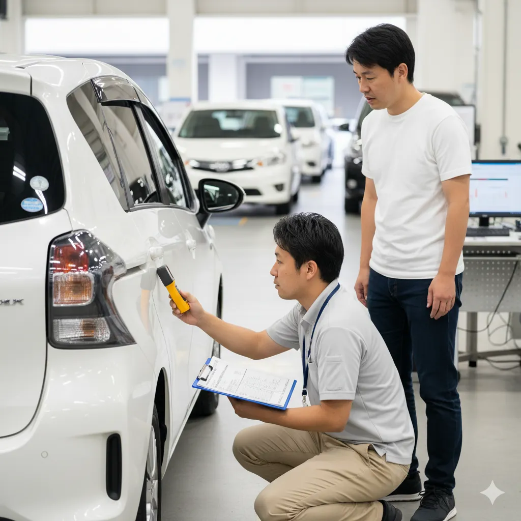 買取業者の日本人査定士が、5年落ちシエンタの車体コンディションをバインダー片手に詳細にチェックしている様子。