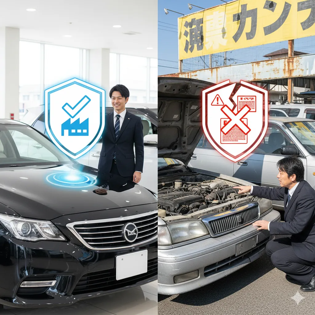 中古車の故障リスクと保証を対比した画像。左に保証付きの車と日本人販売員、右にエンジンルームが開いた故障している可能性のある中古車と日本人顧客。