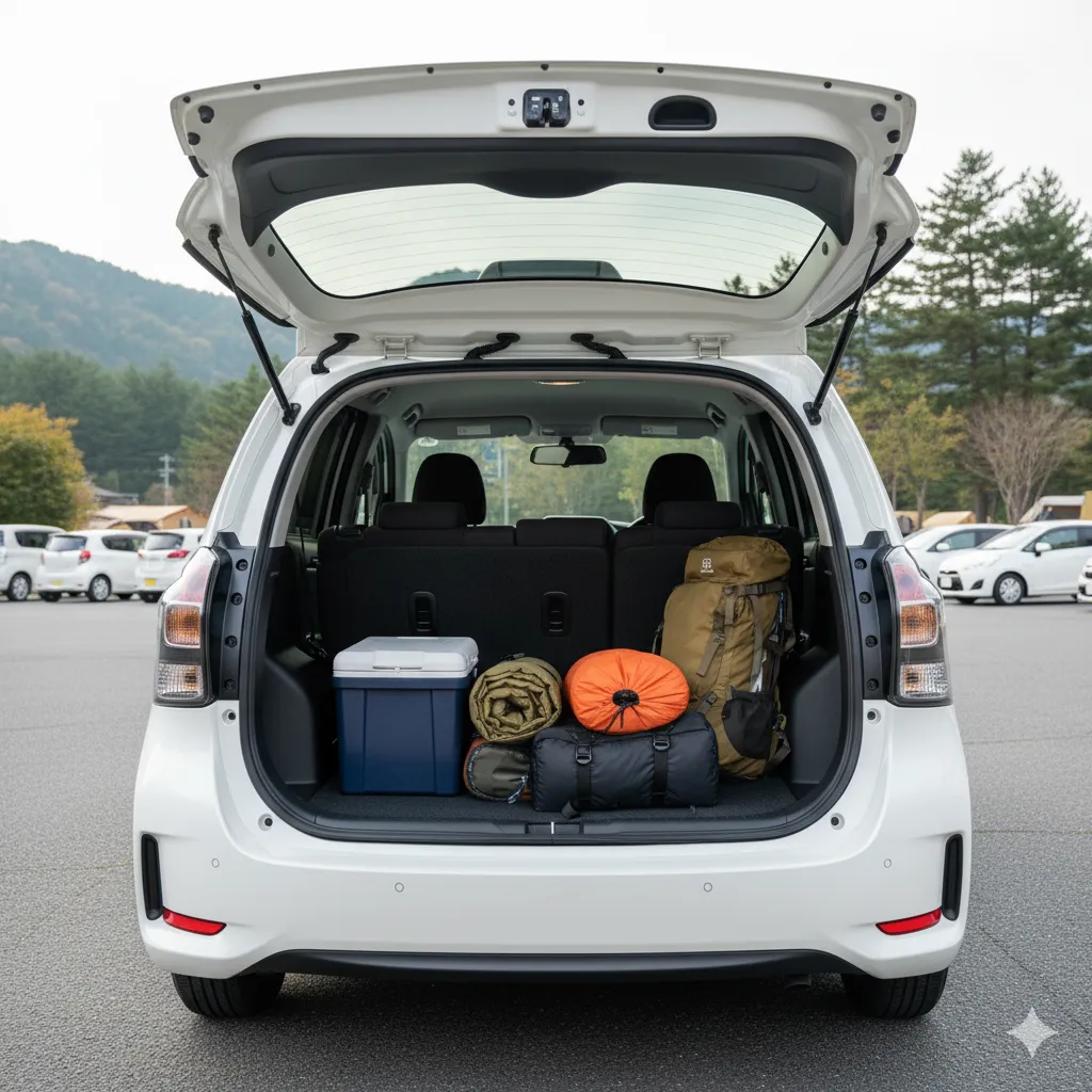 2列シートモデル「FUNBASE」の広大な荷室に、キャンプ道具やアウトドア用品を満載したシエンタ。