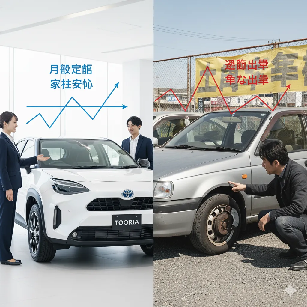 カーリースの定額制と中古車購入の変動費を比較するイメージ。新車ショールームで説明を受ける日本人カップルと、中古車を点検する日本人男性。