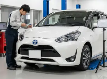 白いシエンタ170系のフロントガラスを点検する自動車整備士。修理工場でエーミング作業のような精密な調整を行っている様子。