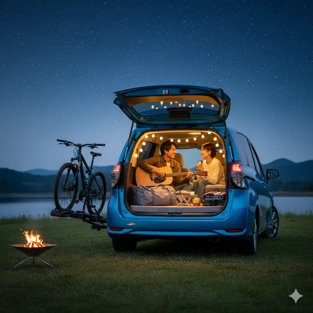 夜空の下、トヨタシエンタFUNBASEの広々とした荷室でギターを弾きながらくつろぐ日本人カップル。荷室にはクッションやランタン、飲み物が置かれ、外にはキャンプファイヤーと自転車が設置されている。