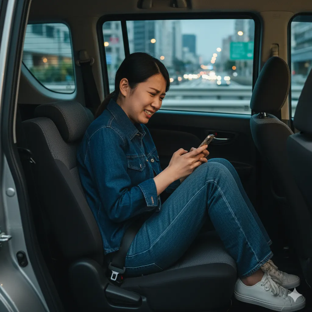 コンパクトミニバンの非常に窮屈な3列目シートに、アジア人の大人が膝を抱えるようにして座っている様子。