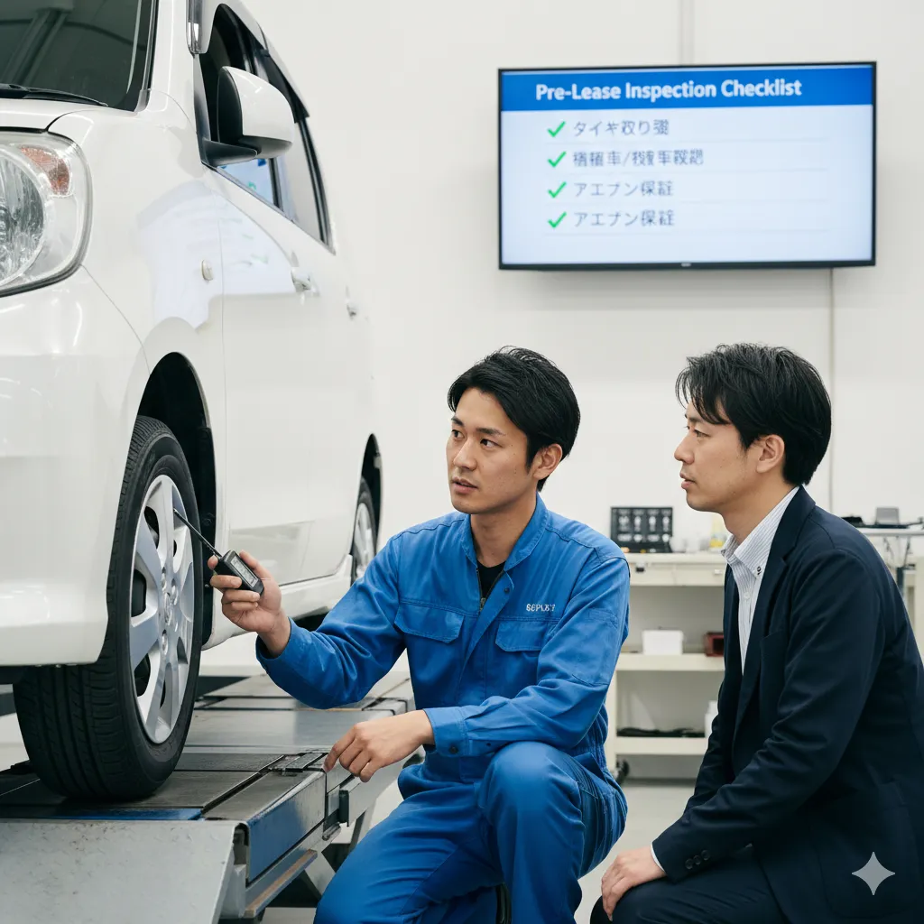 整備工場で、車のタイヤの溝を測定しながら日本人整備士が日本人顧客に説明している。顧客は真剣な表情で話を聞いており、背後のモニターには「Pre-Lease Inspection Checklist(リース前点検チェックリスト)」が表示され、タイヤの摩耗、車両の外観、エアコン保証といった項目が示されている。