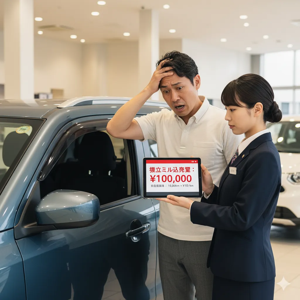 自動車販売店で、タブレットに表示された超過料金の請求額を見て驚く日本人男性と、説明をする女性スタッフ。
