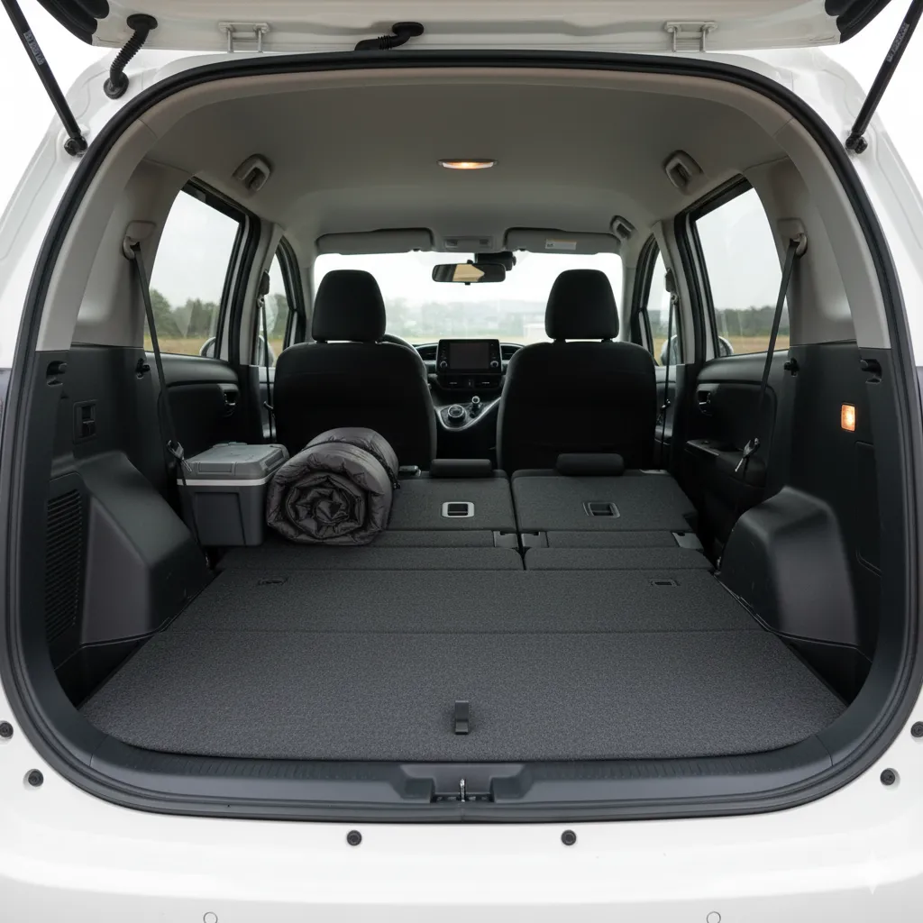 シエンタ5人乗りモデルの2列目シートを倒した状態。荷室が広大で完全にフラットになっている様子。