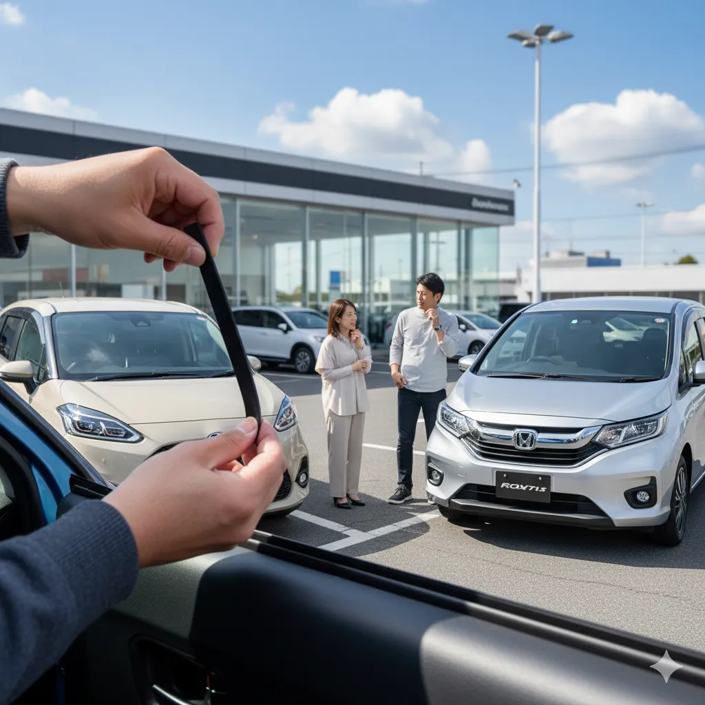 車のドアの隙間に静音モール（風切り音防止テープ）をDIYで貼り付けている手元のクローズアップ