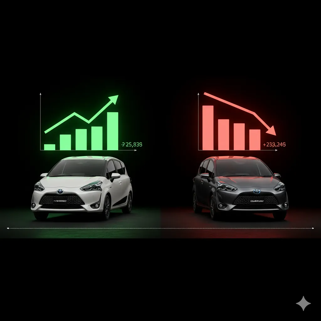 ハイブリッド車とガソリン車のトヨタ・シエンタが並んでおり、それぞれの査定価格の傾向を示す棒グラフが浮かんでいる。ハイブリッド車は上昇傾向、ガソリン車は下降傾向を示している。