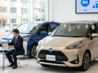 自動車ディーラーのショールームで、男性の営業担当者が女性客にトヨタ・シエンタの残価率について説明している様子。奥には展示されている現行モデルと旧モデルのシエンタが見える。