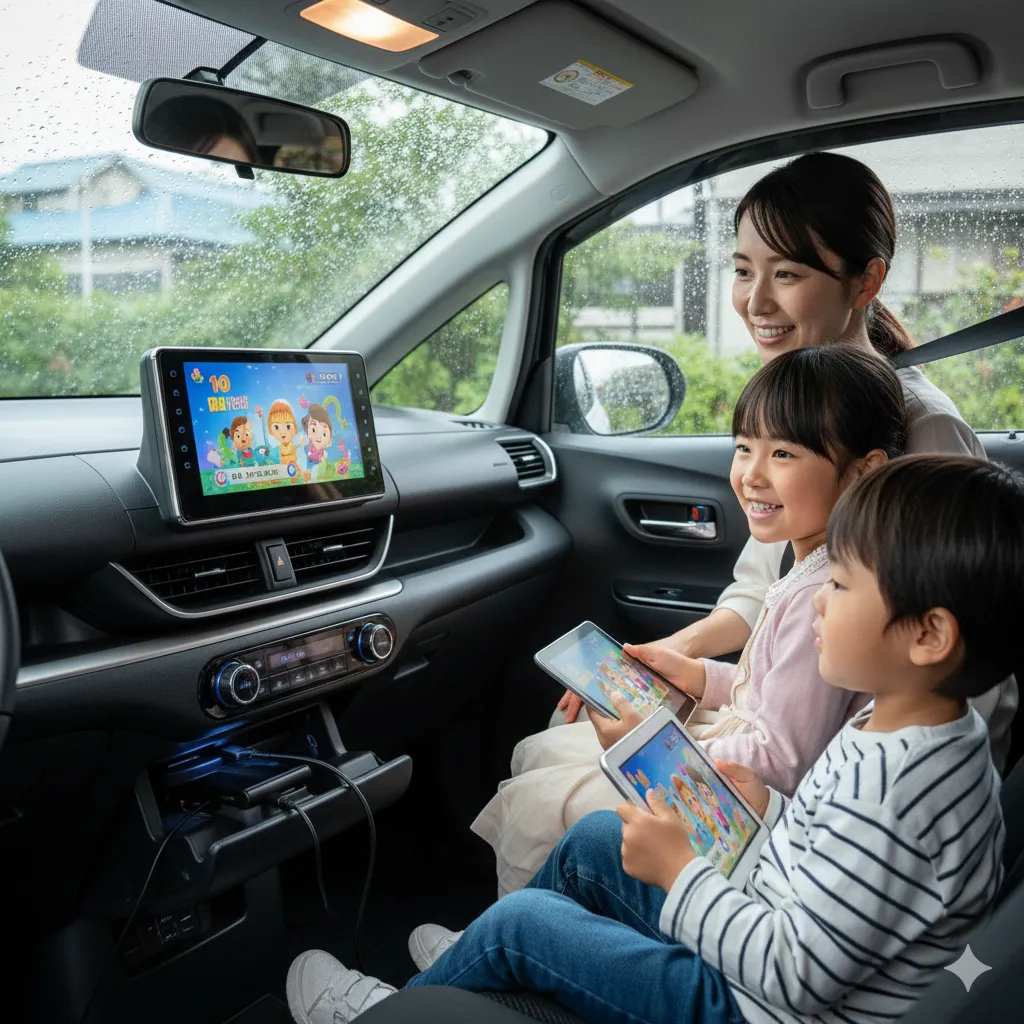 シエンタの後席でアニメを楽しむ日本人子供たちと、運転席から見守る母親。助手席のカーナビ画面にはHDMI接続で映し出された動画が表示されている