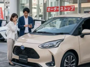 自動車販売店前で新型シエンタについて店員と話す日本人夫婦。店には「オーダーストップ」の表示が見える。