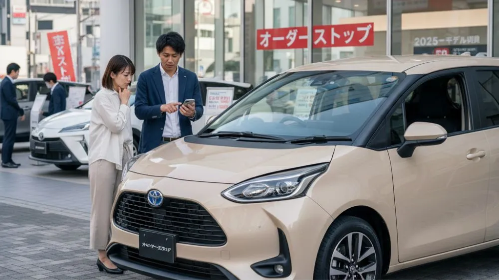 自動車販売店前で新型シエンタについて店員と話す日本人夫婦。店には「オーダーストップ」の表示が見える。