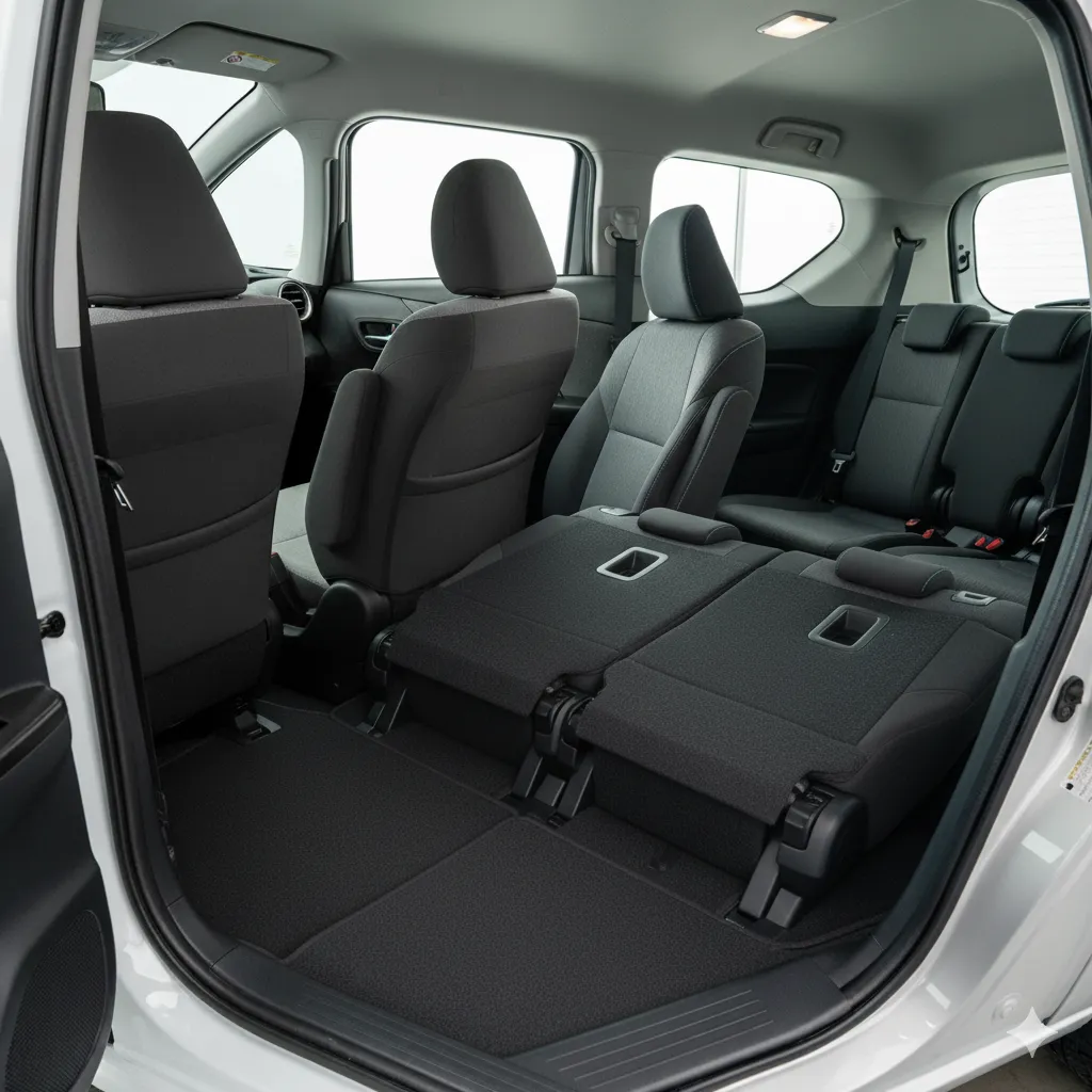 シエンタの3列目シート収納後の荷室。荷室床面と2列目シートの間に明確な段差があり、完全フラットではない状態。