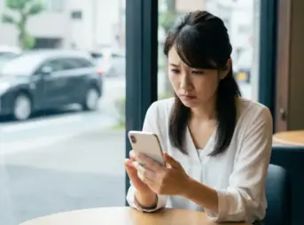 カフェでスマートフォンを見ながら、カーリースの審査について不安そうな表情を浮かべる日本人女性。