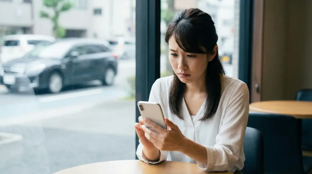 カフェでスマートフォンを見ながら、カーリースの審査について不安そうな表情を浮かべる日本人女性。