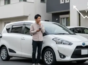 5年落ちのトヨタ・シエンタを前に、その買取価格について思いを巡らせている日本人オーナー。