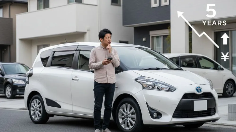 5年落ちのトヨタ・シエンタを前に、その買取価格について思いを巡らせている日本人オーナー。