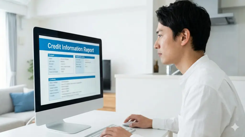 自宅のパソコンで信用情報機関の開示報告書を確認し、自分の信用状態をチェックする日本人男性