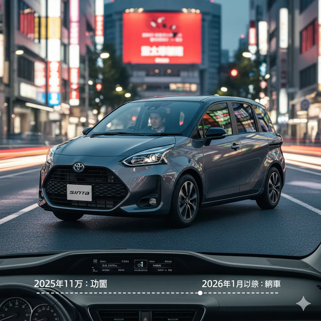 都会の夜道を走る新型シエンタの運転席からの視点。フロントガラスには「2025年11月：今」「2026年1月以降：納車」と納期が示されている。