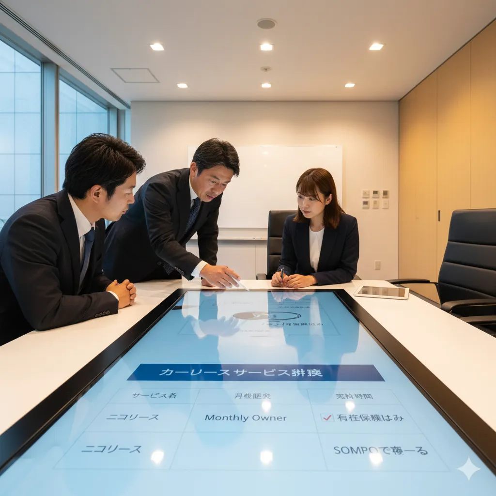 会議室で、スマートテーブルに表示されたカーリースサービス比較表を見ながら話し合う日本人ビジネスパーソン3人。テーブルには「カーリースサービス比較」という文字と、各サービスの月額目安や特約時間といった項目が記載されており、真剣に情報共有している様子が伺える。